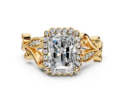 Halo Engagement Ring Setting for Radiant Cut Center with Leaf Motif Split Shank and Prong Head in Yellow Gold