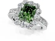 Halo Engagement Ring Setting for Fancy Green Radiant Cut Center with Milgrain Channel Band and Prong Head in Sterling Silver