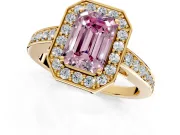 Bezel-Framed Halo Engagement Ring Setting for Fancy Pink Emerald Cut Center with Pave Band and Prong Head in Yellow Gold