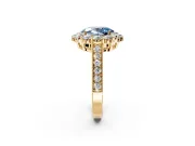 Halo Engagement Ring Setting for Fancy Blue Oval Center with Milgrain Channel Band and Prong Head in Yellow Gold