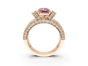 Pave Engagement Ring Setting for Fancy Pink Radiant Cut Center with Curved Accent Rows, Openwork and Prong Head in Rose Gold
