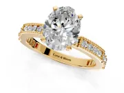 Solitaire Engagement Ring Setting for Oval Center with Milgrain-Edged Pave Band and Prong Head in Yellow Gold