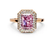 Halo Engagement Ring Setting for Fancy Pink Radiant Cut Center with Plain Tapered Band and Prong Head in Rose Gold