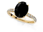 Hidden Halo Engagement Ring Setting for Fancy Black Oval Center with Pave Band and Prong Head in Yellow Gold