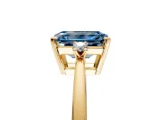 3 Stone Engagement Ring Setting for Fancy Blue Emerald Cut Center with Low-Set Round Cut Accents and Prong Head in Yellow Gold