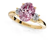 3 Stone Engagement Ring Setting for Fancy Pink Oval Center with Wide Plain Band and Prong Head in Yellow Gold