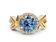 Halo Engagement Ring Setting for Fancy Blue Round Cut Center with Floral Band and Prong Head in Yellow Gold