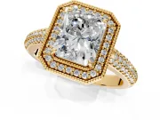 Milgrain Halo Engagement Ring Setting for Radiant Cut Center with Three-Sided Pave Band and Prong Head in Yellow Gold
