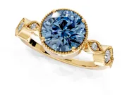 Vintage Station Engagement Ring Setting for Fancy Blue Round Cut Center with Accents and Prong Head in Yellow Gold
