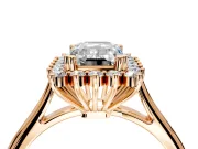Starburst Halo Engagement Ring Setting for Emerald Cut Center with Thin Round-Wire Band and Prong Head in Rose Gold