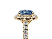 Halo Engagement Ring Setting for Fancy Blue Cushion Cut Center with Raised Halo, Pave Band and Prong Head in Yellow Gold