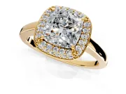 Halo Engagement Ring Setting for Cushion Cut Center with Plain Tapered Band and Prong Head in Yellow Gold