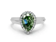 Halo Engagement Ring Setting for Fancy Green Pear-Shaped Center with Knife Ridge Cathedral Band and Prong Head in White Gold