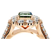 Large Accent Halo Engagement Ring Setting for Fancy Green Emerald Cut Center with Pave Split Shank and Prong Head in Rose Gold