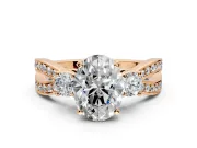 3 Stone Engagement Ring Setting for Oval Center with Pave Twist Band and Prong Head in Rose Gold
