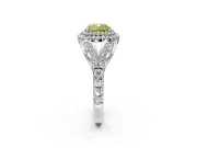 Double Halo Engagement Ring Setting for Fancy Yellow Cushion Cut Center with Narrow Pave Split Shank and Prong Head in Platinum