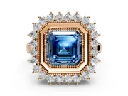 Halo Engagement Ring Setting for Fancy Blue Asscher Cut Center with Milgrain Bezel Rim, Plain Band and Prong Head in Rose Gold