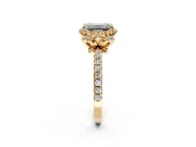 Halo Engagement Ring Setting for Emerald Cut Center with Openwork Halo, Pave Band and Prong Head in Yellow Gold