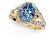 Halo Engagement Ring Setting for Fancy Blue Oval Center with Narrow Pave Split Shank and Prong Head in Yellow Gold