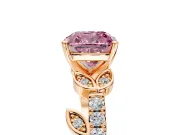 Leaf Motif Engagement Ring Setting for Fancy Pink Cushion Cut Center with Pave Band and Prong Head in Rose Gold