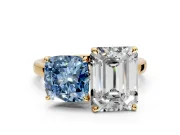 Fancy Blue Cushion Cut and Emerald Cut Lab-Grown Diamond Toi et Moi Engagement Ring with Prong-Set Stones in Yellow Gold