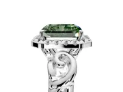 Halo Engagement Ring Setting for Fancy Green Radiant Cut Center with Open Scroll Shoulders and Prong Head in Platinum