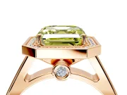 Halo Engagement Ring Setting for Fancy Yellow Asscher Cut Center with Outer Bezel Rim, Pave Band and Prong Head in Rose Gold