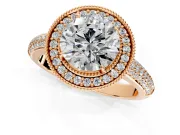 Milgrain Halo Engagement Ring Setting for Round Cut Center with Three-Sided Pave Band and Prong Head in Rose Gold