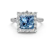 Halo Engagement Ring Setting for Fancy Blue Princess Cut Center with Single-Row Pave, Open Basket and Prong Head in Sterling Silver