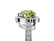 Bezel-Framed Halo Engagement Ring Setting for Fancy Yellow Heart-Shaped Center with Pave Band and Prong Head in White Gold