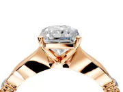 Solitaire Engagement Ring Setting for Radiant Cut Center with Carved Leaf Shoulders and Prong Head in Rose Gold