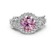 Milgrain Halo Engagement Ring Setting for Fancy Pink Round Cut Center with Shoulder Bezels and Prong Head in Platinum