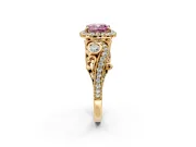 Milgrain Halo Engagement Ring Setting for Fancy Pink Cushion Cut Center with Shoulder Bezels and Prong Head in Yellow Gold