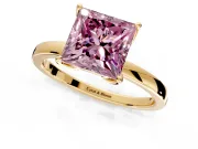 Solitaire Engagement Ring Setting for Fancy Pink Princess Cut Center with Thin Rounded Plain Band and Prong Head in Yellow Gold