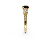 3 Stone Engagement Ring Setting for Fancy Black Round Cut Center with Crossover Basket, Pave Band and Prong Head in Yellow Gold