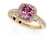 Halo Engagement Ring Setting for Fancy Pink Cushion Cut Center with Full Pave Band and Prong Head in Yellow Gold