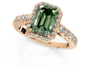 Halo Engagement Ring Setting for Fancy Green Emerald Cut Center with Full Pave Band and Prong Head in Rose Gold