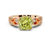 Leaf Engagement Ring Setting for Fancy Yellow Cushion Cut Center with Milgrain Accent Band and Prong Head in Rose Gold