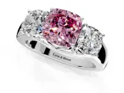 3 Stone Engagement Ring Setting for Fancy Pink Cushion Cut Center with Raised Basket Heads and Prong Head in White Gold