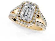 Halo Engagement Ring Setting for Emerald Cut Center with Narrow Pave Split Shank and Prong Head in Yellow Gold