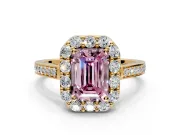 Floral Halo Engagement Ring Setting for Fancy Pink Emerald Cut Center with Large Halo Accents and Prong Head in Yellow Gold