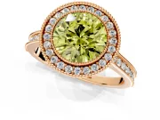 Halo Engagement Ring Setting for Fancy Yellow Round Cut Center with Milgrain Pave Band and Bezel Head in Rose Gold