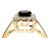 Floral Halo Engagement Ring Setting for Fancy Black Emerald Cut Center with Large Halo Accents and Prong Head in Yellow Gold