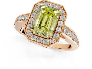Bezel-Framed Halo Engagement Ring Setting for Fancy Yellow Emerald Cut Center with Pave Band and Prong Head in Rose Gold