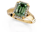 Halo Engagement Ring Setting for Fancy Green Emerald Cut Center with Knife Ridge Cathedral Band and Prong Head in Yellow Gold