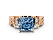 Solitaire Engagement Ring Setting for Fancy Blue Princess Cut Center with Grooved Bar Accent Band and Prong Head in Rose Gold