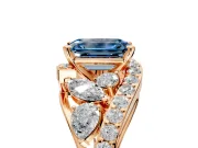Halo Engagement Ring Setting for Fancy Blue Emerald Cut Center with Marquise and Pave Bypass Band and Prong Head in Rose Gold