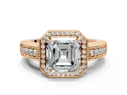 Milgrain Halo Engagement Ring Setting for Asscher Cut Center with Pave Band and Prong Head in Rose Gold