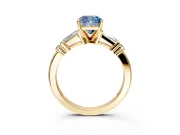 Bar-Set Engagement Ring Setting for Fancy Blue Cushion Cut Center with Tapered Baguette Accents and Prong Head in Yellow Gold
