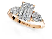 3 Stone Engagement Ring Setting for Emerald Cut Center with Large Pear-Shaped Accents and Prong Head in Rose Gold
